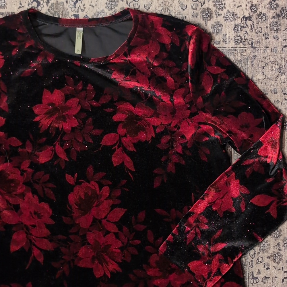 Sparkly Velvet Whimsigoth Festive Vampire White Stag Red and Black Floral Top